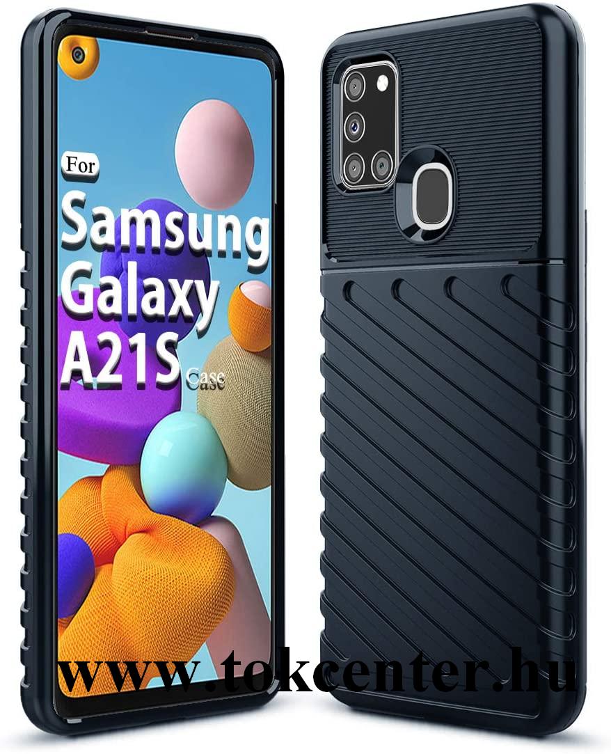 Samsung Galaxy A21s (SM-A217F) Szilikon telefonvédő (közepesen ütésálló, csíkos, dombor minta) SÖTÉTKÉK