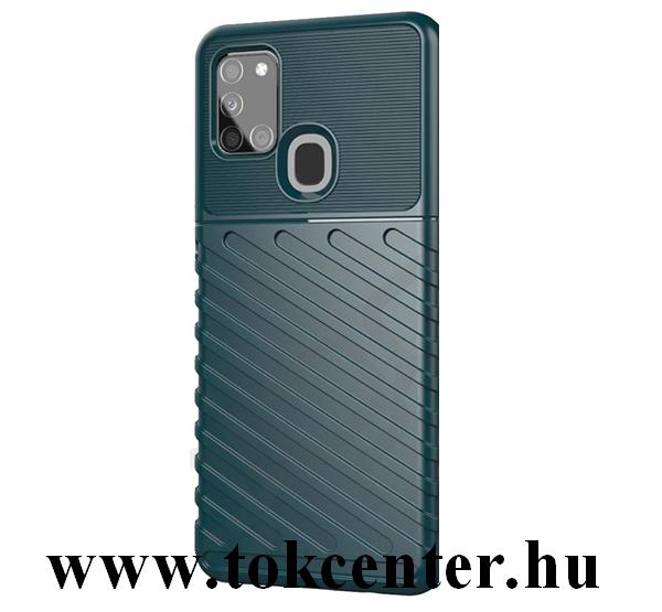 Samsung Galaxy A21s (SM-A217F) Szilikon telefonvédő (közepesen ütésálló, csíkos, dombor minta) SÖTÉTZÖLD