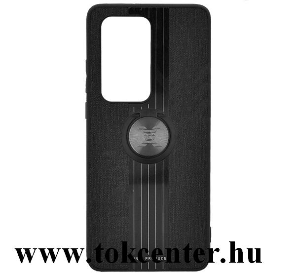 Huawei P40 Pro 5G / Huawei P40 Pro+ 5G Szilikon telefonvédő (közepesen ütésálló, telefontartó gyűrű, beépített fémlemez, textil minta) FEKETE