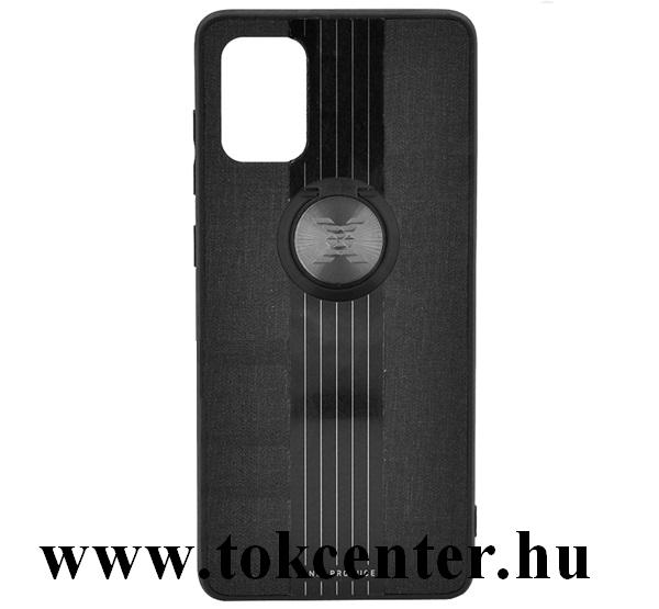 Samsung Galaxy A71 (SM-A715F) Szilikon telefonvédő (közepesen ütésálló, telefontartó gyűrű, beépített fémlemez, textil minta) FEKETE