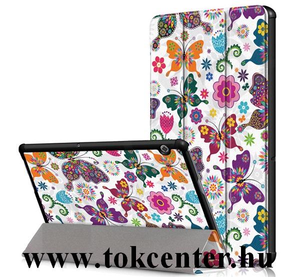 Huawei Mediapad T5 10 LTE / Huawei Mediapad T5 10 WIFI Tok álló, bőr hatású (FLIP, oldalra nyíló, asztali tartó funkció, lila pillangó, virág minta) FEHÉR