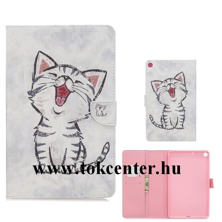 Samsung Galaxy Tab A 10.1 LTE (2019) SM-T515 / Samsung Galaxy Tab A 10.1 WIFI (2019) SM-T510 Tok álló, bőr hatású (FLIP, oldalra nyíló, asztali tartó funkció, macska minta) VILÁGOSSZÜRKE