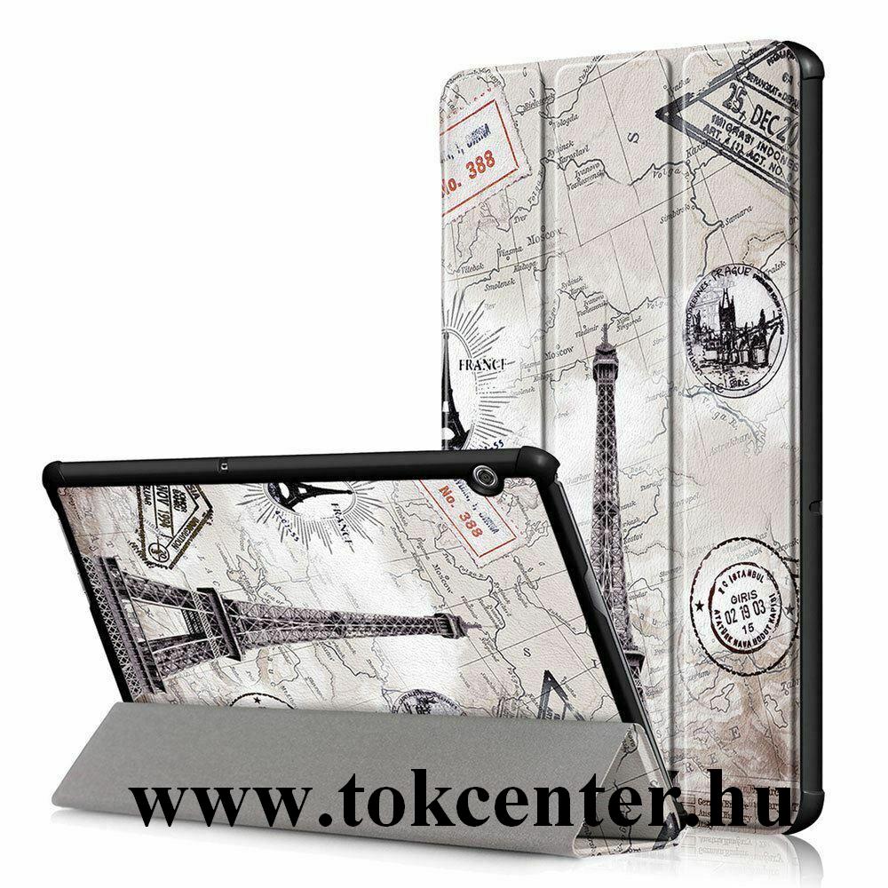Huawei Mediapad T5 10 LTE / Huawei Mediapad T5 10 WIFI Tok álló, bőr hatású (FLIP, oldalra nyíló, TRIFOLD asztali tartó funkció, Eiffel torony, térkép minta) SZÜRKE