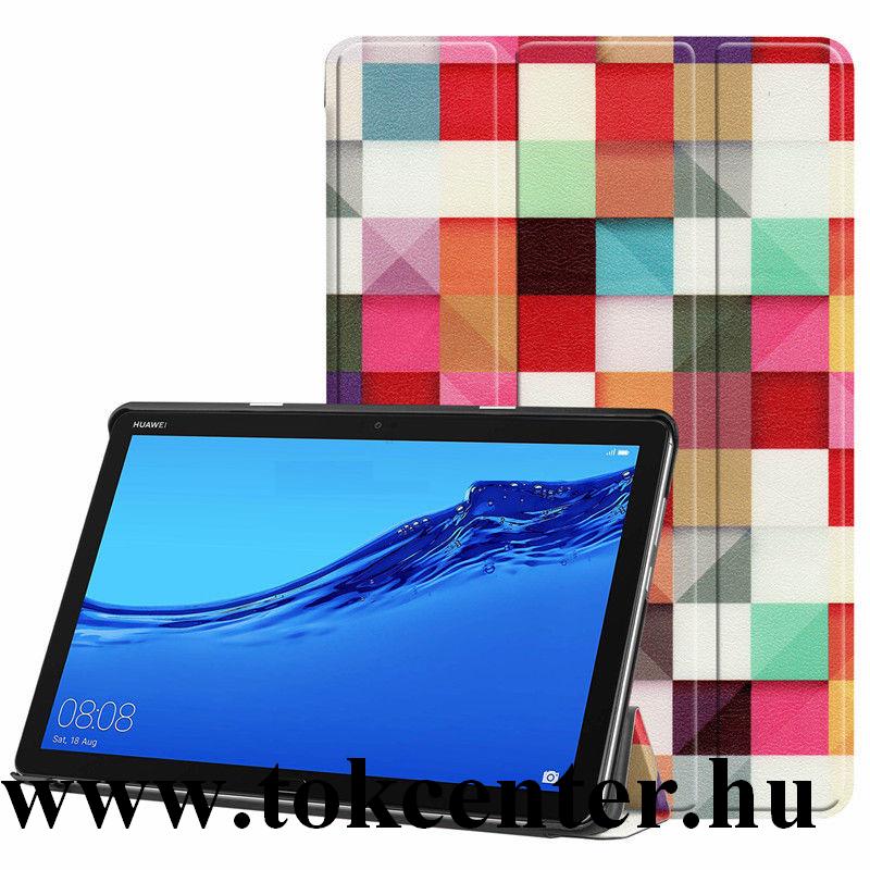 Huawei Mediapad T3 10 LTE / Huawei Mediapad T3 10 WIFI Tok álló, bőr hatású (FLIP, oldalra nyíló, TRIFOLD asztali tartó funkció, kocka minta) SZÍNES
