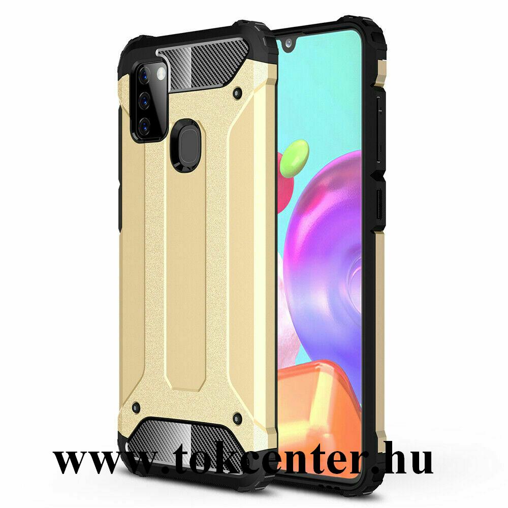 Samsung Galaxy A21s (SM-A217F) Defender műanyag telefonvédő (közepesen ütésálló, légpárnás sarok, szilikon belső, fémhatás) ARANY
