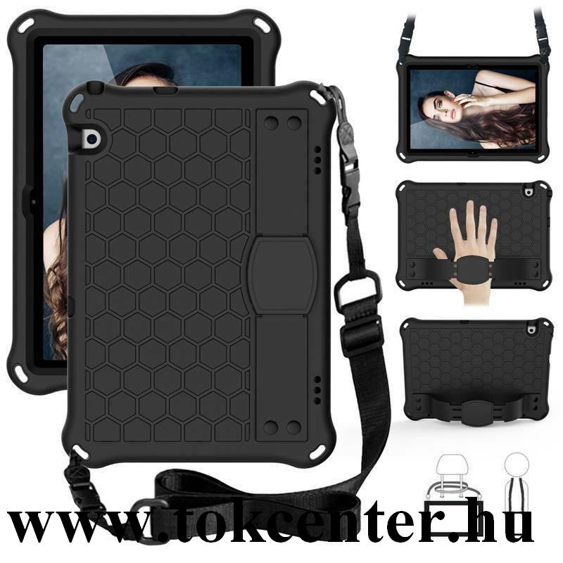 Huawei Mediapad T5 10 LTE / WIFI Defender szilikon telefonvédő (kézpánt, közepesen ütésálló, kitámasztó, méhsejt minta, vállra akasztható) FEKETE
