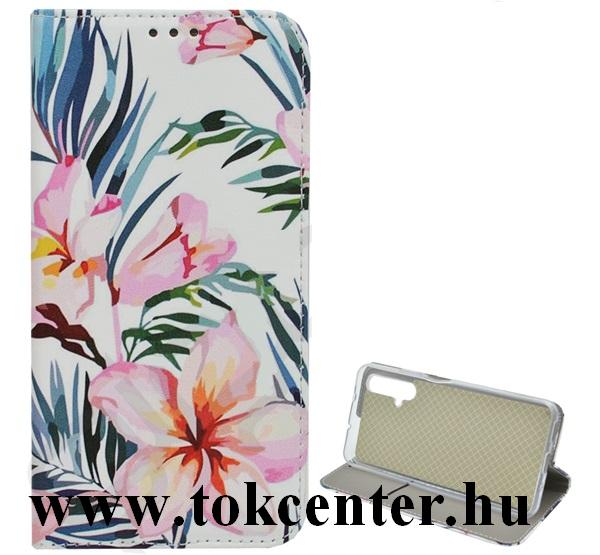 Huawei P40 Lite E / Y7p Tok álló, bőr hatású (FLIP, oldalra nyíló, asztali tartó funkció, rózsaszín virág minta) FEHÉR