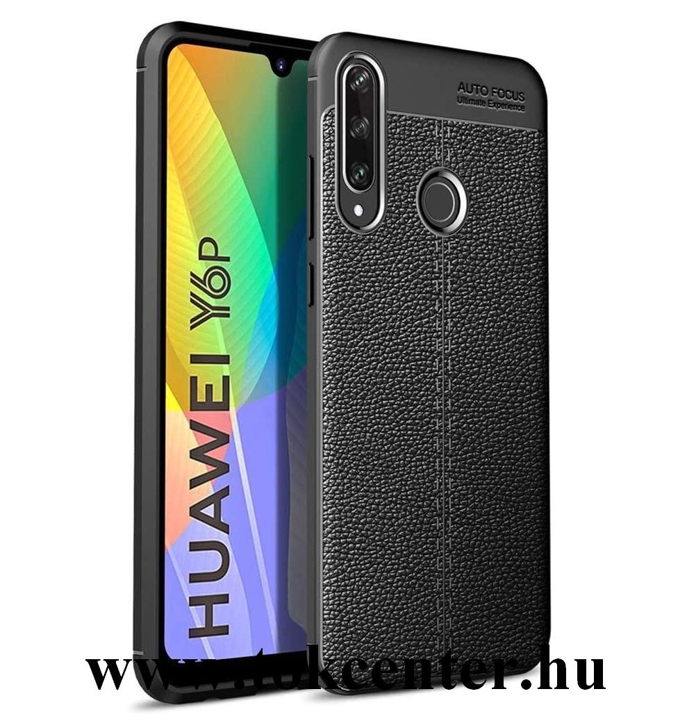 Huawei Y6p Szilikon telefonvédő (közepesen ütésálló, bőr hatású, varrás minta) FEKETE