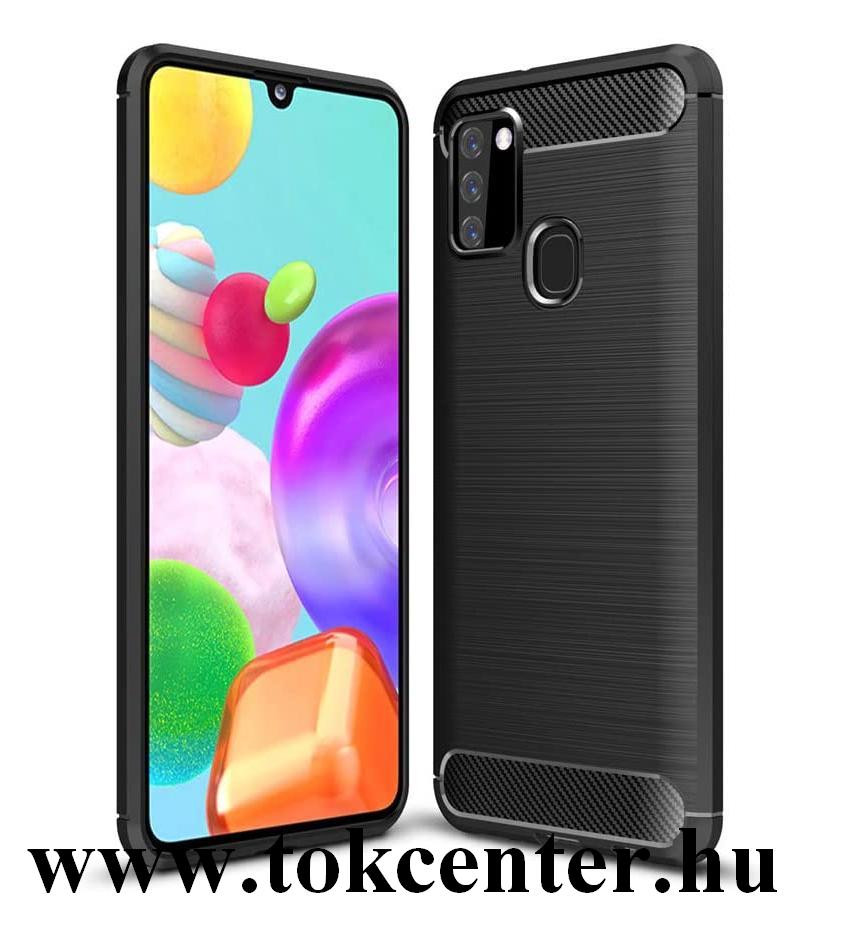 Samsung Galaxy A21s (SM-A217F) Szilikon telefonvédő (közepesen ütésálló, légpárnás sarok, szálcsiszolt, karbon minta) FEKETE