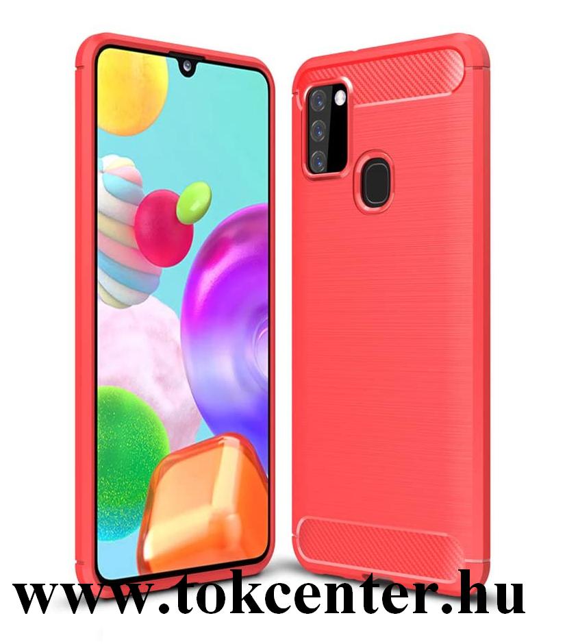 Samsung Galaxy A21s (SM-A217F) Szilikon telefonvédő (közepesen ütésálló, légpárnás sarok, szálcsiszolt, karbon minta) PIROS