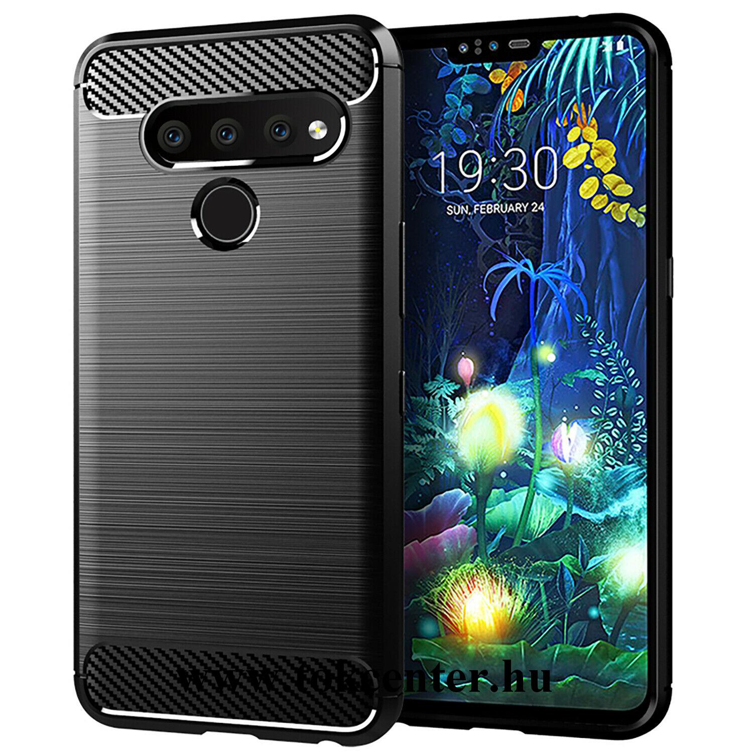 LG V50 ThinQ 5G (V500N) Szilikon telefonvédő (közepesen ütésálló, légpárnás sarok, szálcsiszolt, karbon minta) FEKETE