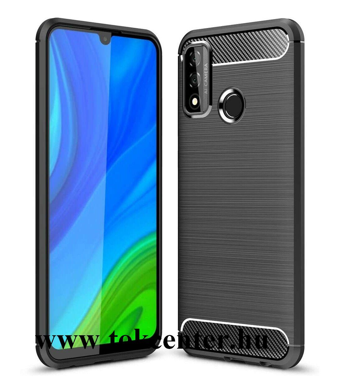 Huawei P Smart (2020) Szilikon telefonvédő (közepesen ütésálló, légpárnás sarok, szálcsiszolt, karbon minta) FEKETE