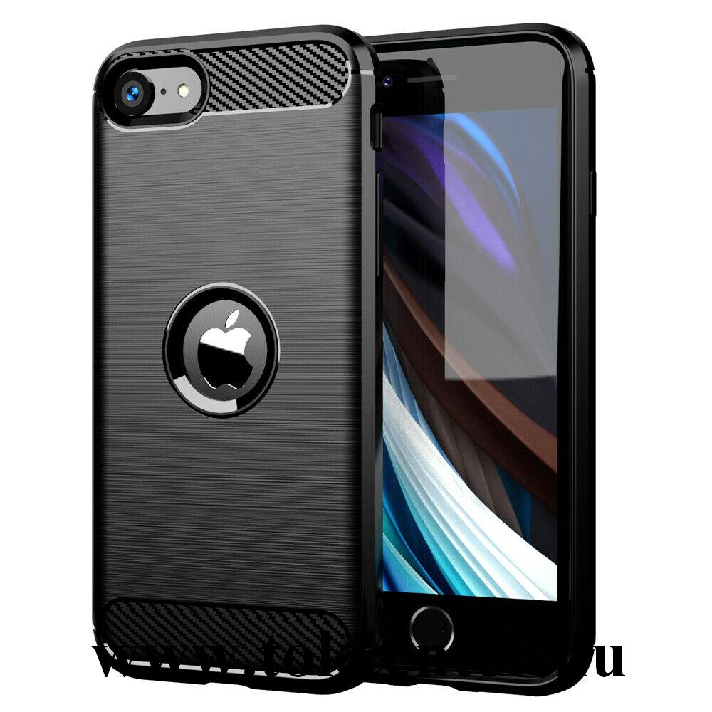 Apple iPhone SE (2020) Szilikon telefonvédő (közepesen ütésálló, légpárnás sarok, szálcsiszolt, karbon minta, logo kivágás) FEKETE