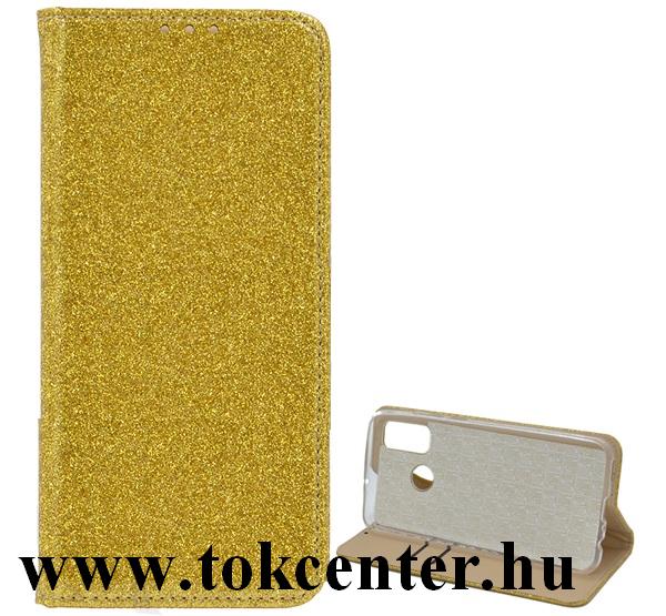Huawei P Smart (2020) Tok álló, bőr hatású (FLIP, szilikon belső, oldalra nyíló, asztali tartó funkció, bankkártya tartó, csillogó) ARANY