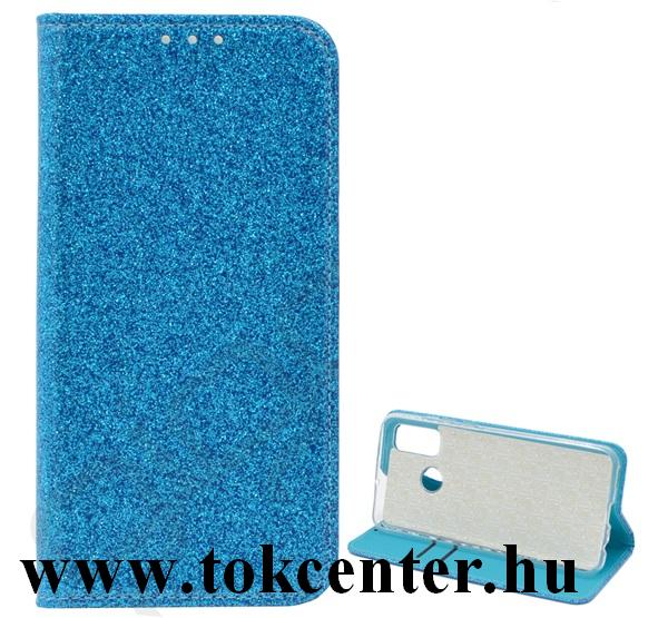Huawei P Smart (2020) Tok álló, bőr hatású (FLIP, szilikon belső, oldalra nyíló, asztali tartó funkció, bankkártya tartó, csillogó) VILÁGOSKÉK