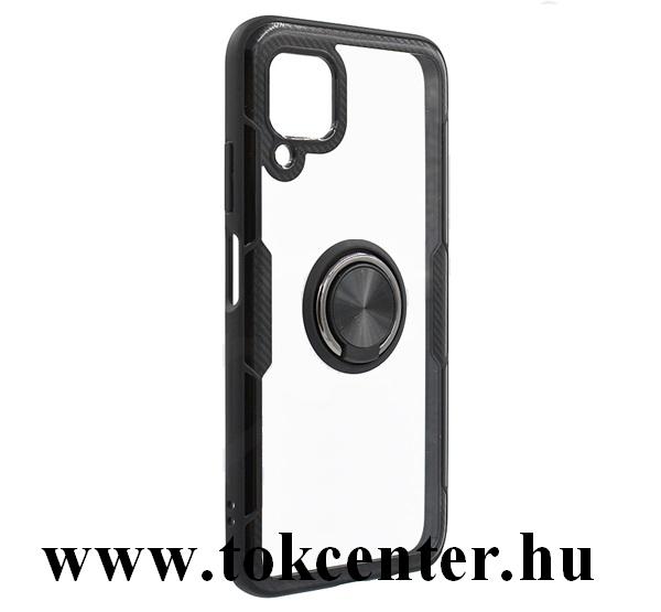 Huawei P40 Lite 4G / Nova 6 SE Telefonvédő szilikon keret (BUMPER, közepesen ütésálló, telefontartó gyűrű, akril hátlap, karbon minta) FEKETE