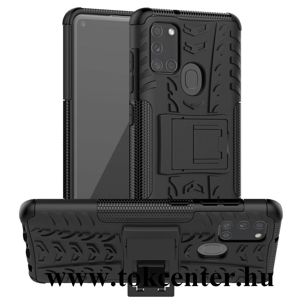 Samsung Galaxy A21s (SM-A217F) Defender műanyag telefonvédő (közepesen ütésálló, szilikon belső, kitámasztó, autógumi minta) FEKETE