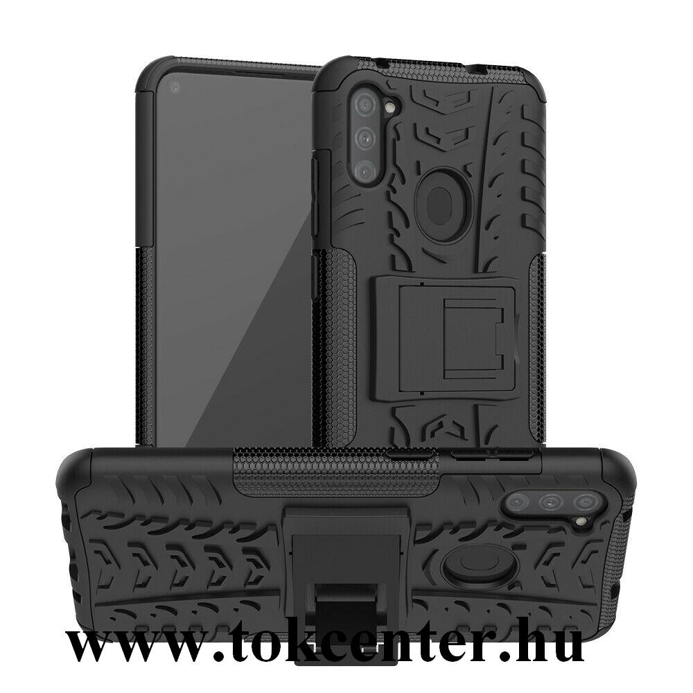 Samsung Galaxy A11 (SM-A115F) Defender műanyag telefonvédő (közepesen ütésálló, szilikon belső, kitámasztó, autógumi minta) FEKETE