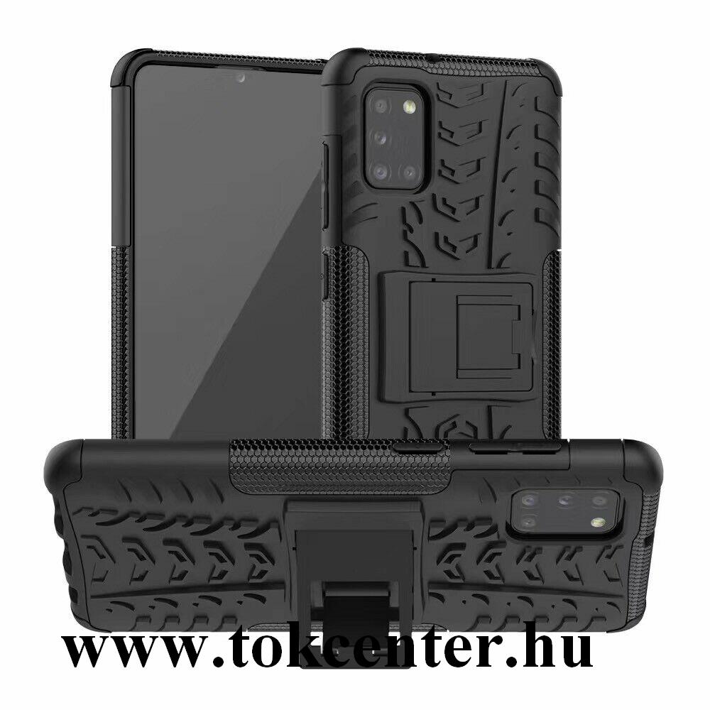 Samsung Galaxy A31 (SM-A315F) Defender műanyag telefonvédő (közepesen ütésálló, szilikon belső, kitámasztó, autógumi minta) FEKETE