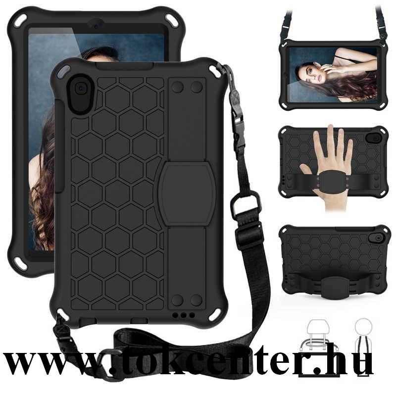 Huawei MediaPad M5 8.4 LTE / WIFI Defender szilikon telefonvédő (kézpánt, közepesen ütésálló, kitámasztó, méhsejt minta, vállra akasztható) FEKETE