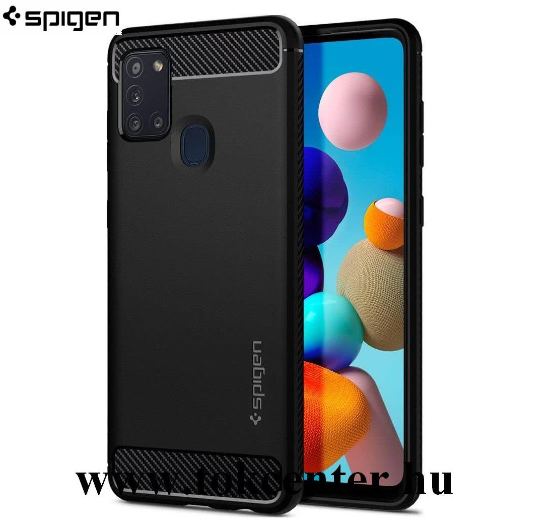 Samsung Galaxy A21s (SM-A217F) SPIGEN RUGGED ARMOR szilikon telefonvédő (közepesen ütésálló, légpárnás sarok, karbon minta) FEKETE (ACS00974)