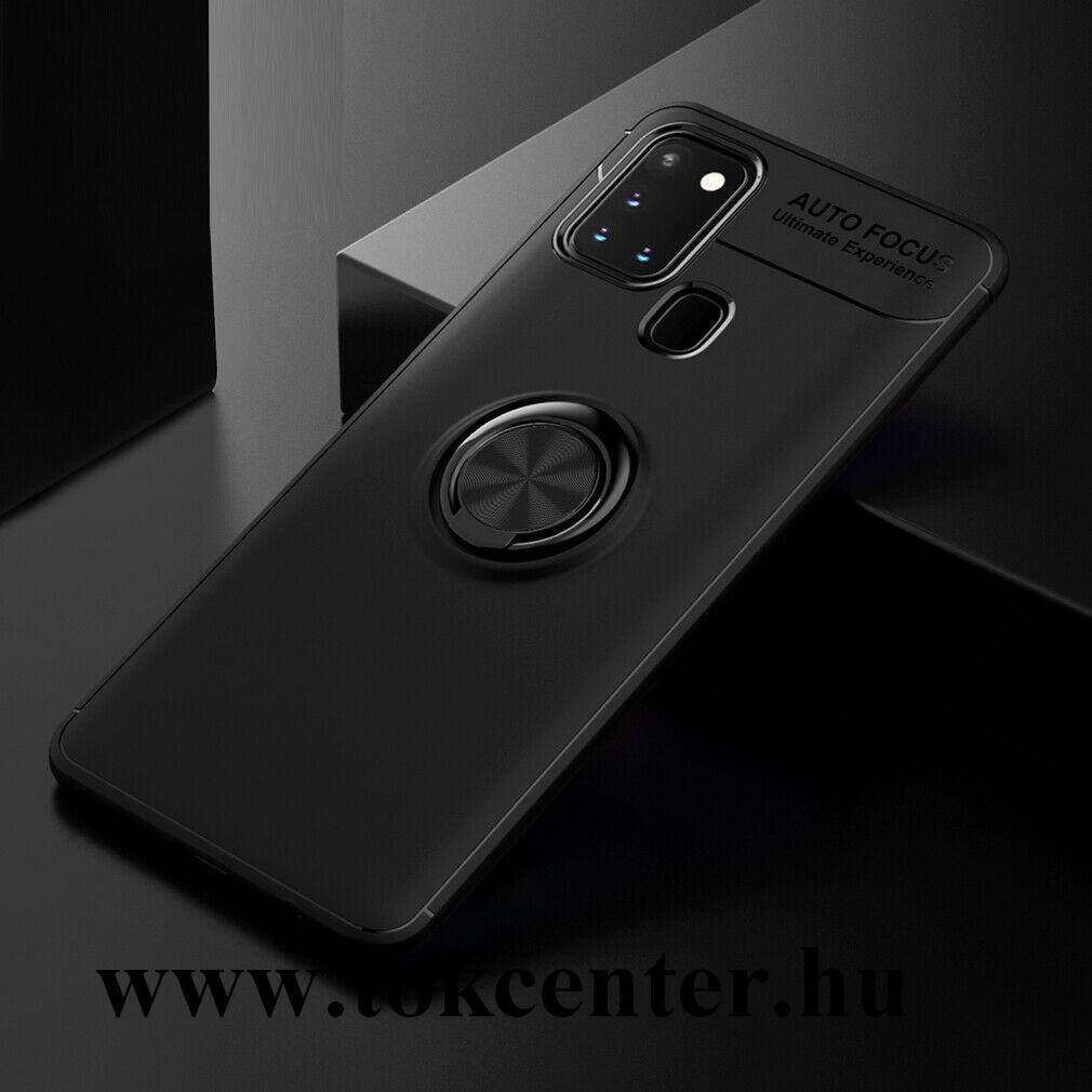 Samsung Galaxy A21s (SM-A217F) Szilikon telefonvédő (asztali tartó funkció, telefontartó gyűrű, 360°-ban forgatható, beépített fémlemez) FEKETE