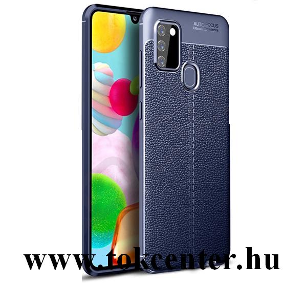Samsung Galaxy A21s (SM-A217F) Szilikon telefonvédő (közepesen ütésálló, bőr hatású, varrás minta) SÖTÉTKÉK