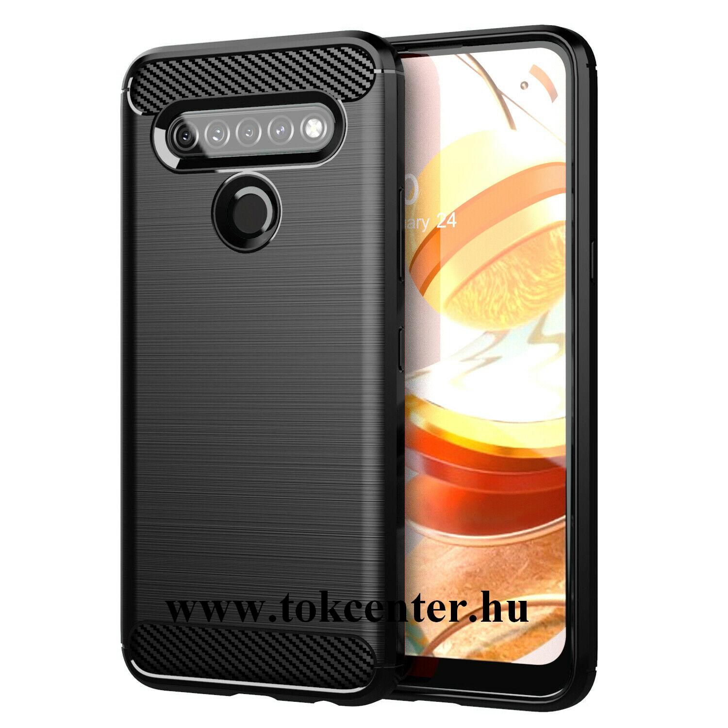 LG K51S (K510EMW) Szilikon telefonvédő (közepesen ütésálló, légpárnás sarok, szálcsiszolt, karbon minta) FEKETE