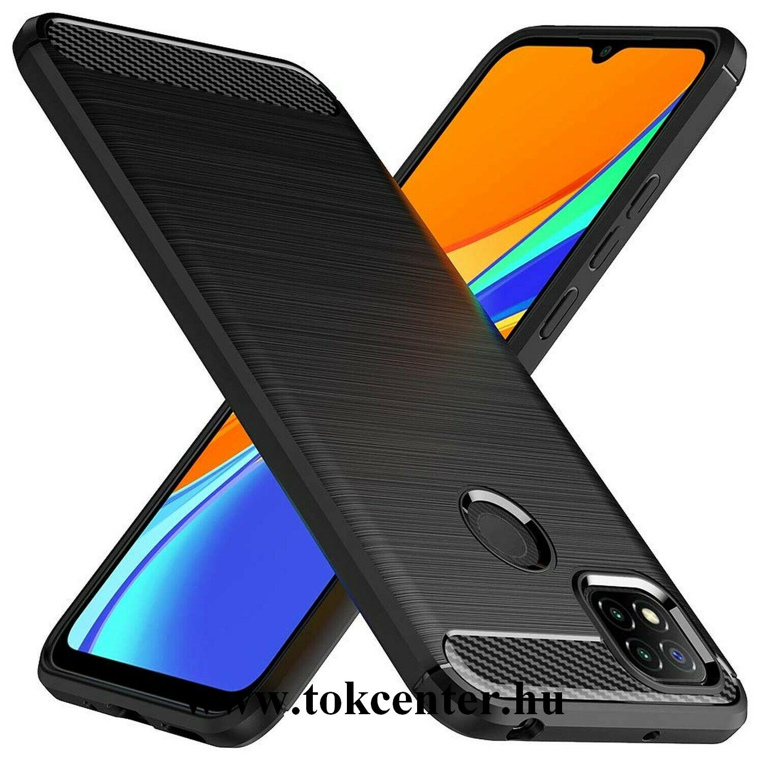Xiaomi Redmi 9C Szilikon telefonvédő (közepesen ütésálló, légpárnás sarok, szálcsiszolt, karbon minta) FEKETE