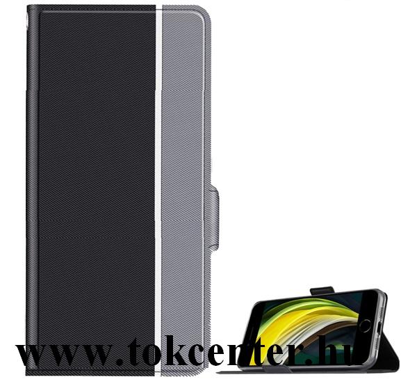 Samsung Galaxy S20 Plus (SM-G985F) / S20 Plus 5G (SM-G986) Tok álló, bőr hatású (FLIP, oldalra nyíló, asztali tartó funkció, textil minta + csuklópánt) FEKETE