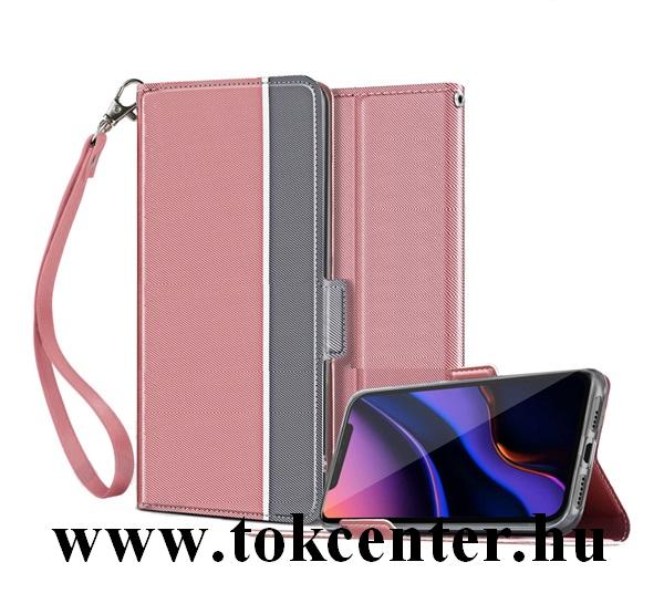 Samsung Galaxy S20 Plus (SM-G985F) / S20 Plus 5G (SM-G986) Tok álló, bőr hatású (FLIP, oldalra nyíló, asztali tartó funkció, textil minta + csuklópánt) RÓZSASZÍN