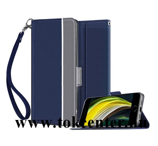 Samsung Galaxy S20 Plus (SM-G985F) / S20 Plus 5G (SM-G986) Tok álló, bőr hatású (FLIP, oldalra nyíló, asztali tartó funkció, textil minta + csuklópánt) SÖTÉTKÉK