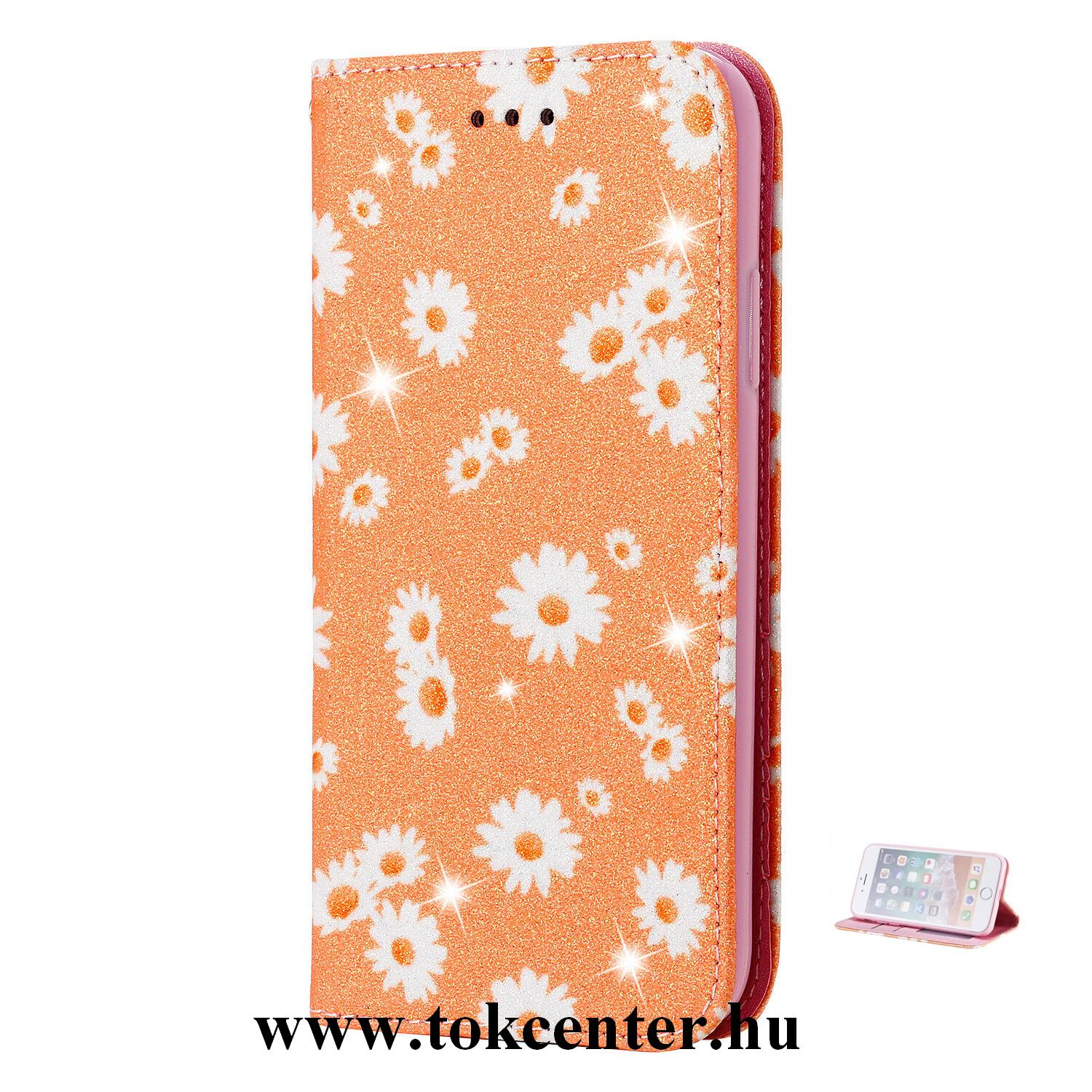 Samsung Galaxy A41 (SM-A415F) Tok álló, bőr hatású (FLIP, oldalra nyíló, bankkártya tartó, asztali tartó funkció, csillogós, virág minta) NARANCS