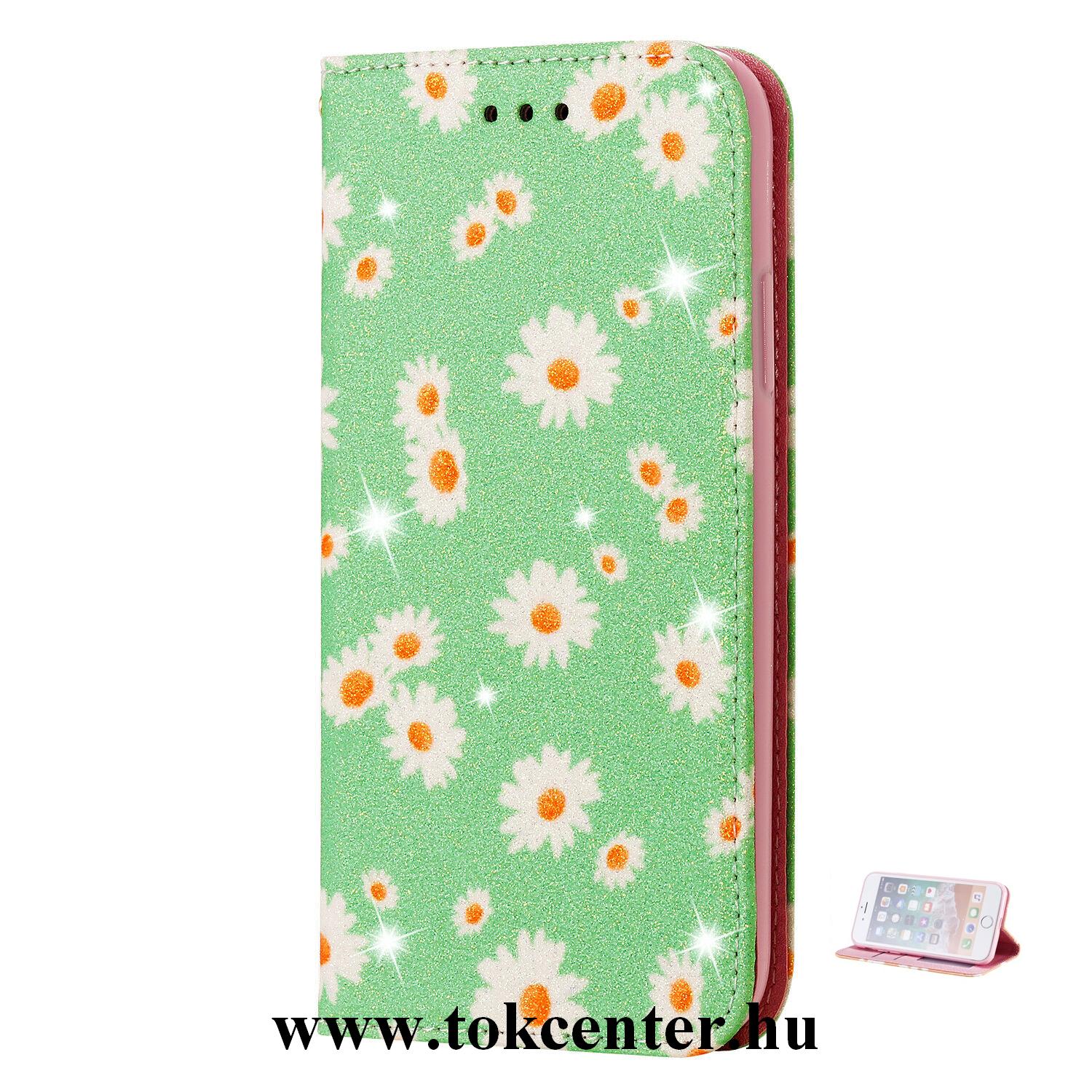 Samsung Galaxy A51 (SM-A515F) Tok álló, bőr hatású (FLIP, oldalra nyíló, bankkártya tartó, asztali tartó funkció, csillogós, virág minta) ZÖLD