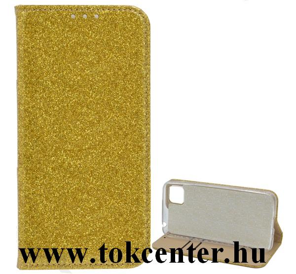 Huawei Y6p Tok álló, bőr hatású (FLIP, szilikon belső, oldalra nyíló, asztali tartó funkció, bankkártya tartó, csillogó) ARANY