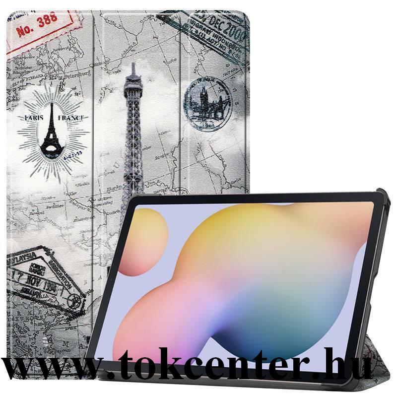 Samsung Galaxy Tab S7 LTE 5G (SM-T876) / Samsung Galaxy Tab S7 WIFI (SM-T870) Tok álló, bőr hatású (aktív flip, oldalra nyíló, TRIFOLD asztali tartó funkció, Eiffel torony, térkép minta) SZÜRKE