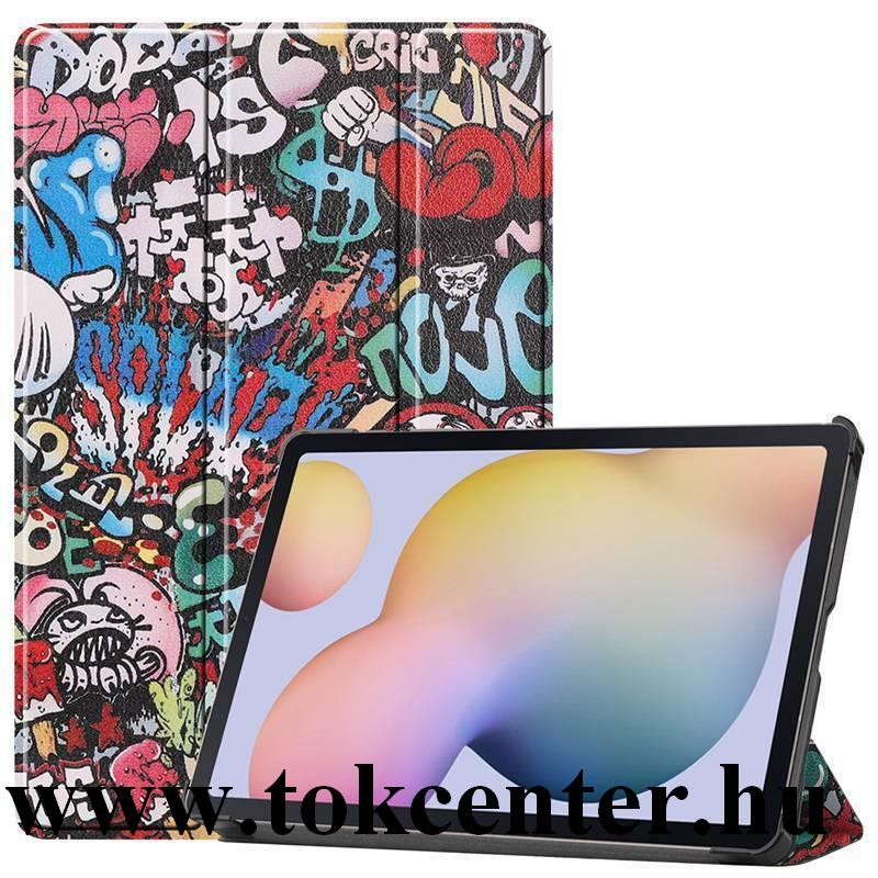 Samsung Galaxy Tab S7 LTE 5G (SM-T876) / Samsung Galaxy Tab S7 WIFI (SM-T870) Tok álló, bőr hatású (aktív flip, oldalra nyíló, TRIFOLD asztali tartó funkció, graffiti minta) SZÍNES