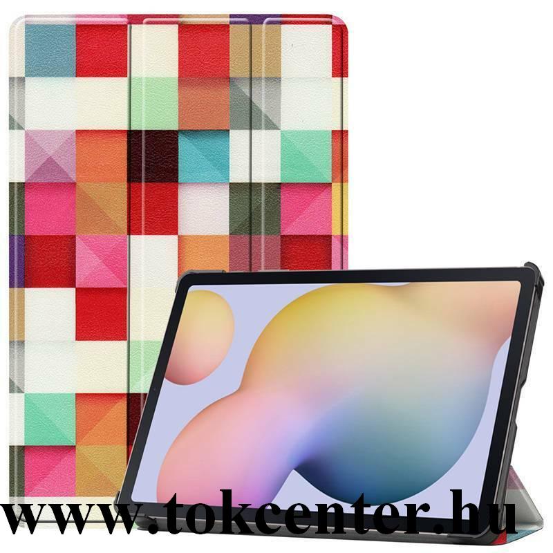 Samsung Galaxy Tab S7 LTE 5G (SM-T876) / Samsung Galaxy Tab S7 WIFI (SM-T870) Tok álló, bőr hatású (aktív flip, oldalra nyíló, TRIFOLD asztali tartó funkció, kockás) SZÍNES