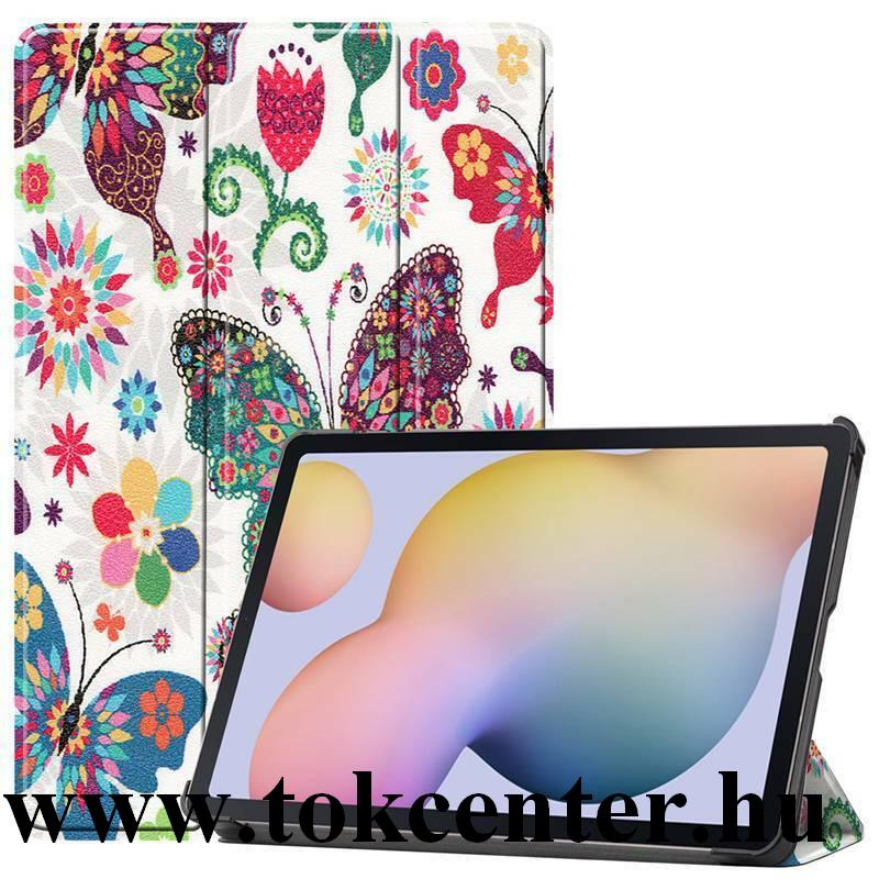 Samsung Galaxy Tab S7 Plus LTE 5G (SM-T976) Tok álló, bőr hatású (aktív flip, oldalra nyíló, TRIFOLD asztali tartó funkció, virág minta) FEHÉR