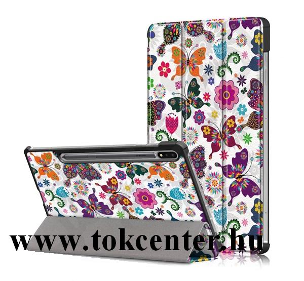 Samsung Galaxy Tab S7 Plus LTE 5G (SM-T976) / Samsung Galaxy Tab S7 Plus WIFI (SM-T970) Tok álló, bőr hatású (aktív flip, oldalra nyíló, TRIFOLD asztali tartó funkció, pillangó, virág minta) FEHÉR