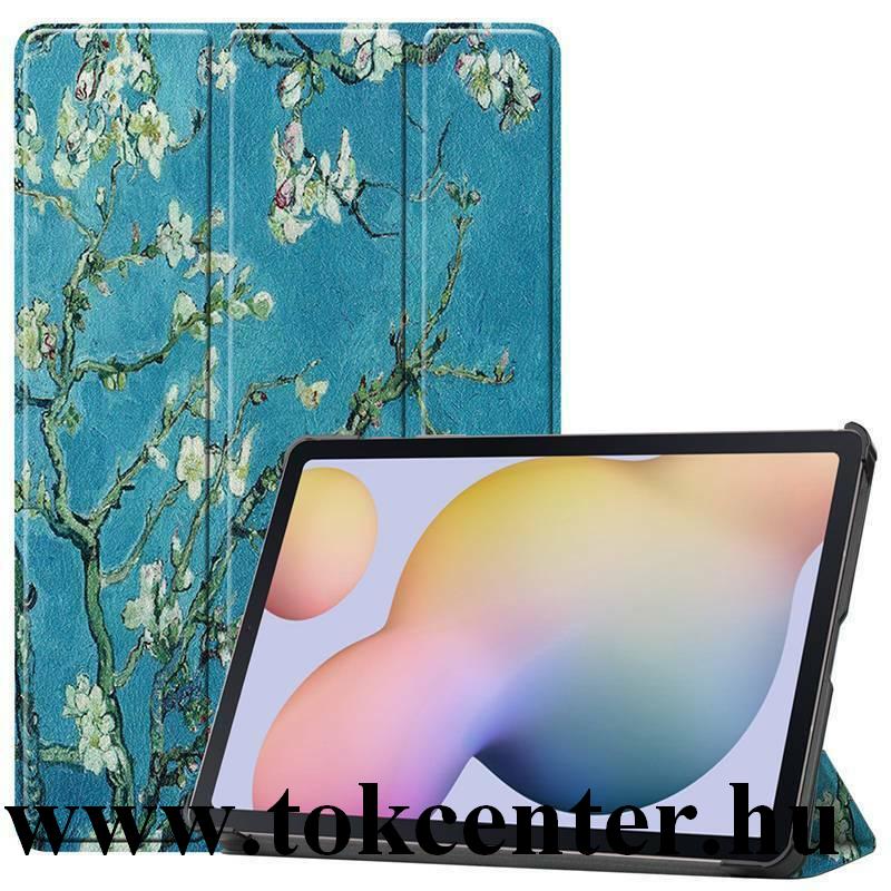 Samsung Galaxy Tab S7 LTE 5G (SM-T876) / Samsung Galaxy Tab S7 WIFI (SM-T870) Tok álló, bőr hatású (aktív flip, oldalra nyíló, TRIFOLD asztali tartó funkció, virág minta) ZÖLD