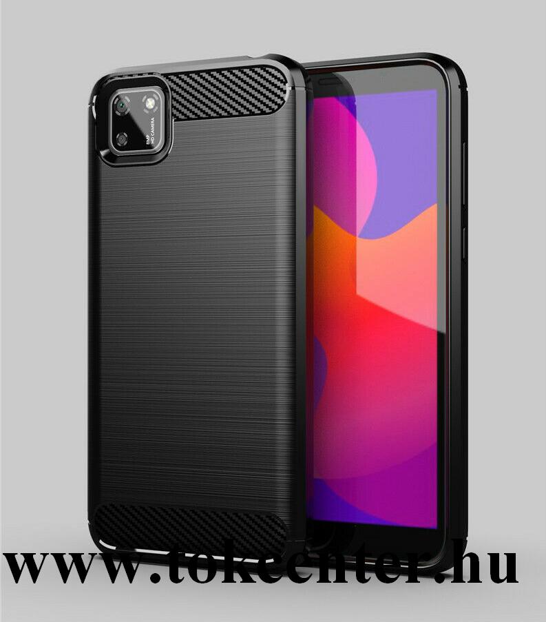 Honor 9S / Huawei Y5p Szilikon telefonvédő (közepesen ütésálló, légpárnás sarok, szálcsiszolt, karbon minta) FEKETE