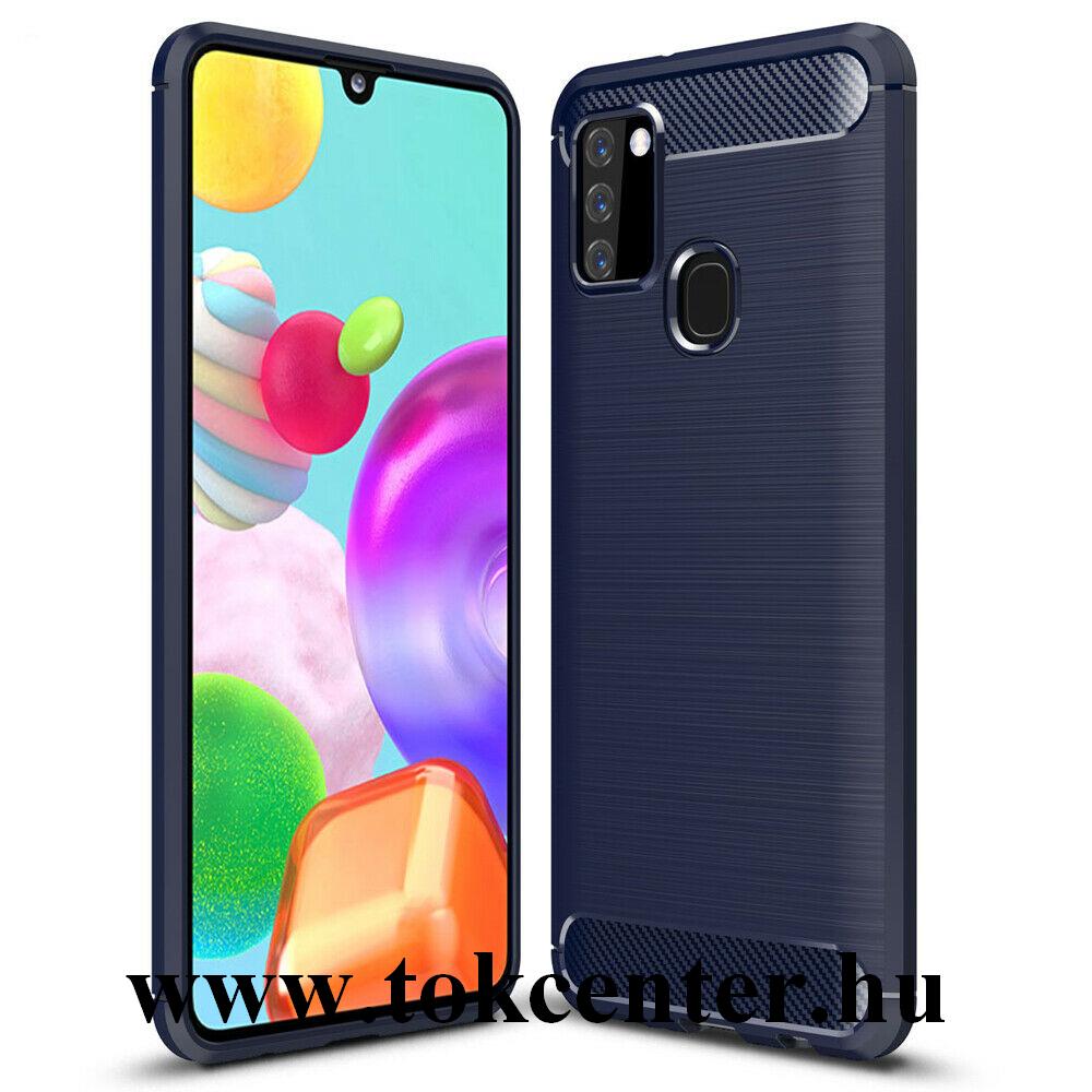 Samsung Galaxy A21s (SM-A217F) Szilikon telefonvédő (közepesen ütésálló, légpárnás sarok, szálcsiszolt, karbon minta) SÖTÉTKÉK