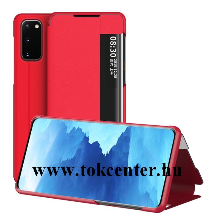 Samsung Galaxy S20 (SM-G980F) / S20 5G (SM-G981U) Tok álló, bőr hatású (FLIP, oldalra nyíló, asztali tartó funkció, hívószámkijelzés, View Window) PIROS