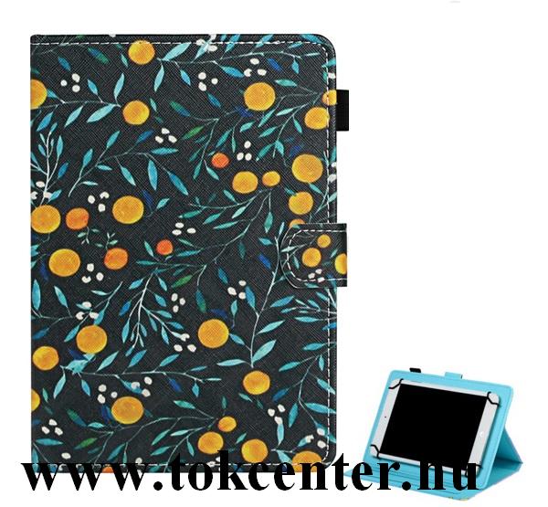 Tok álló, bőr hatású (FLIP, oldalra nyíló, asztali tartó funkció, univerzális, 8'' méret, narancs minta) FEKETE
