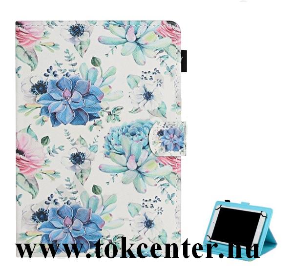 Tok álló, bőr hatású (FLIP, oldalra nyíló, asztali tartó funkció, univerzális, 8'' méret, virág minta) FEHÉR