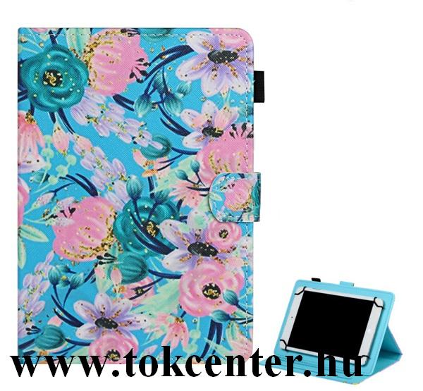 Tok álló, bőr hatású (FLIP, oldalra nyíló, asztali tartó funkció, univerzális, 8'' méret, virág minta) KÉK