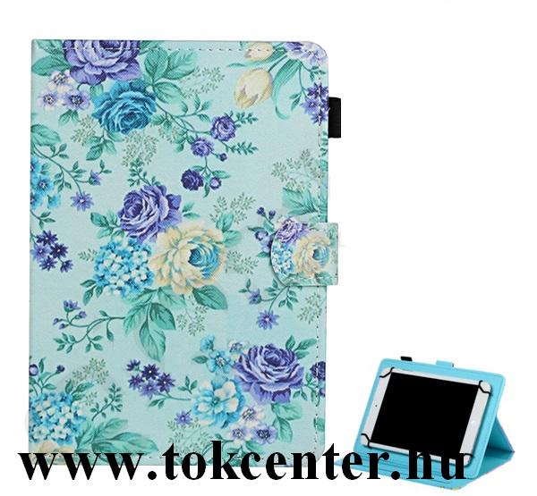 Tok álló, bőr hatású (FLIP, oldalra nyíló, asztali tartó funkció, univerzális, 8'' méret, virág minta) VILÁGOSKÉK
