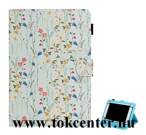 Tok álló, bőr hatású (FLIP, oldalra nyíló, asztali tartó funkció, univerzális, 8'' méret, virág minta) VILÁGOSZÖLD