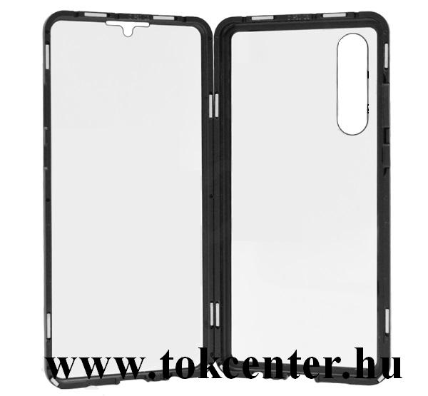 Huawei P30 Alumínium telefonvédő (360°-os védelem, mágneses, közepesen ütésálló, edzett üveg előlap, hátlap, 9H) FEKETE